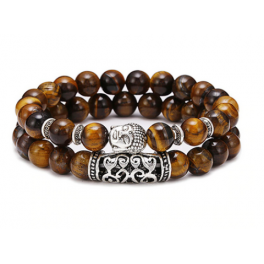 bracelet double rangées en oeil de tigre avec bouddha