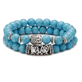 2 bracelets en pierres turquoises avec tête de bouddha et symbole argentés